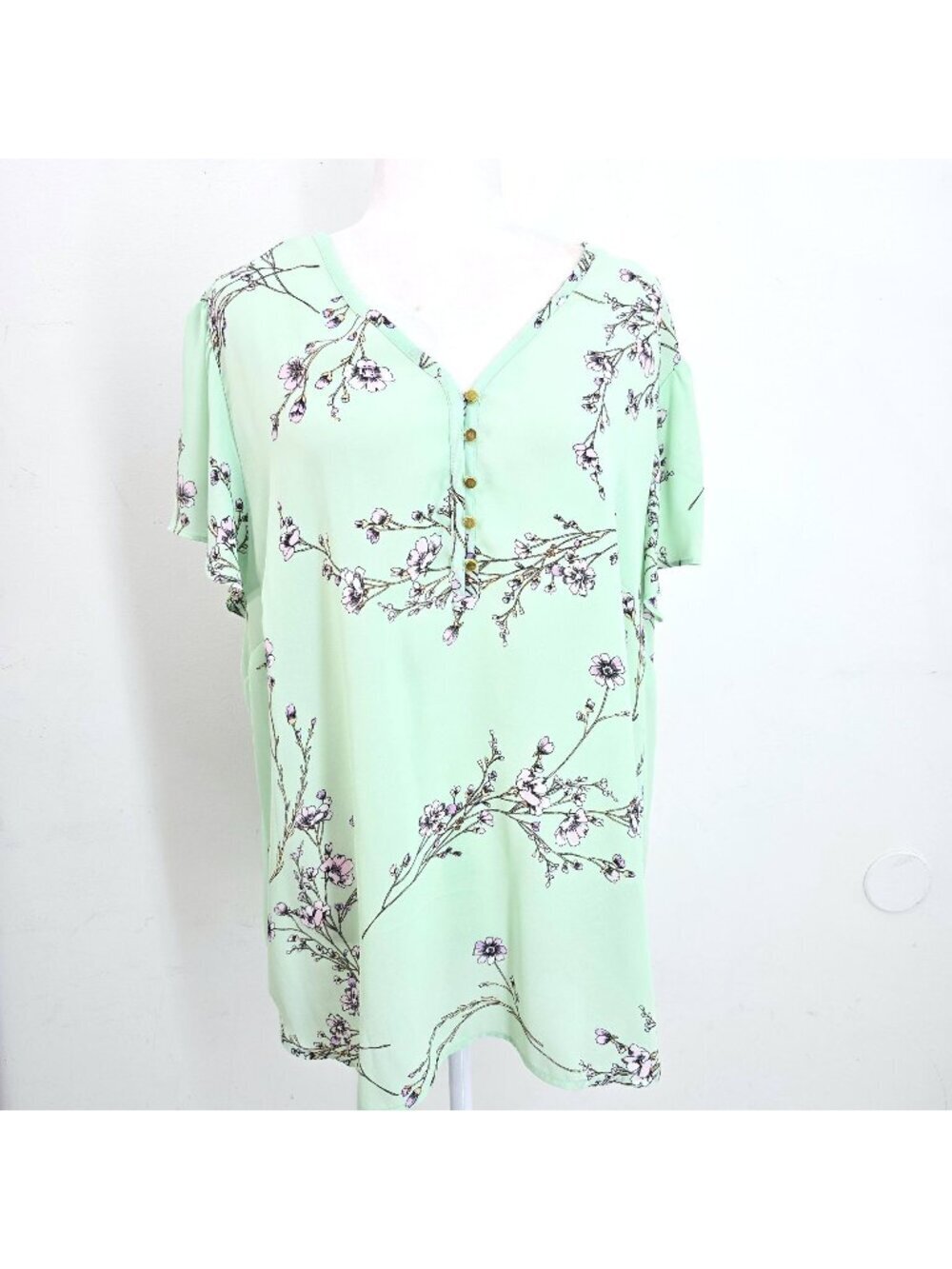 Liz Claiborne Mint Green Dainty Cherry Blossom Japan V NEck Flowy Top Women XXL